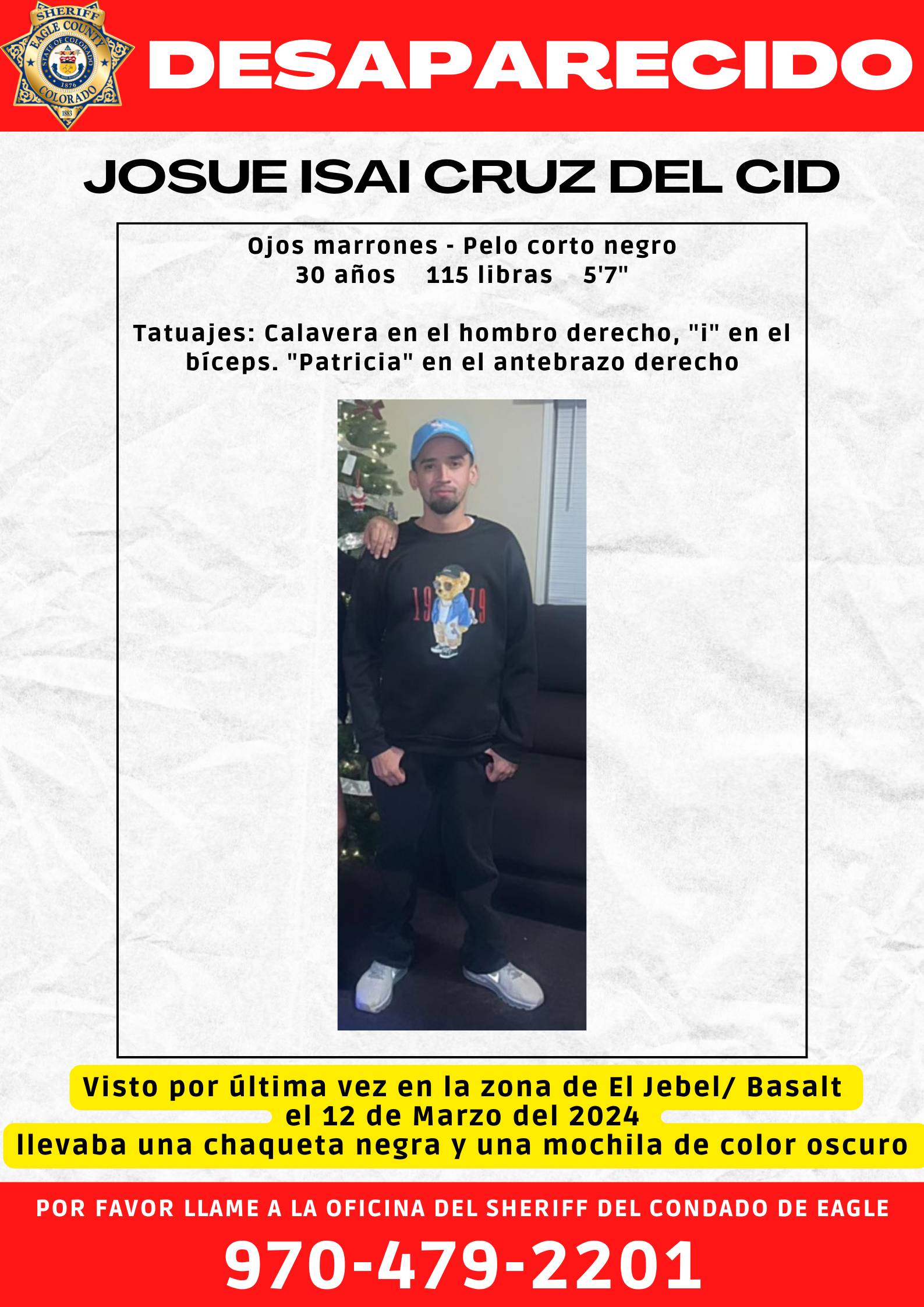 Josue Isai Cruz Del Cid Missing Poster in Spanish with tattoo description